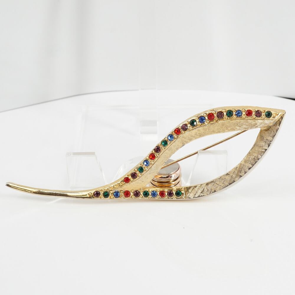 Vintage Designer Leaf Motif Rhinestone Brooch Multicolor Gold-Tone Maximalist - Picture 2 of 8